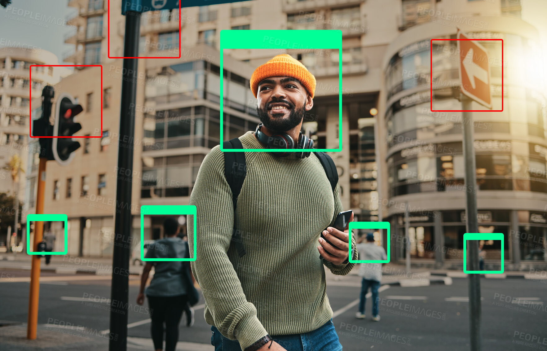 Buy stock photo Man in city, face recognition and innovation, technology and identity, information and biometric for digital transformation. Frame, tech evolution and future with urban surveillance in street