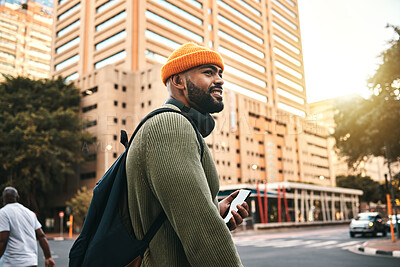 Buy stock photo City, thinking and black man with a cellphone, smile and connection with social media, travel and website info. African person, mobile user or guy with smartphone, digital app or outdoor with contact