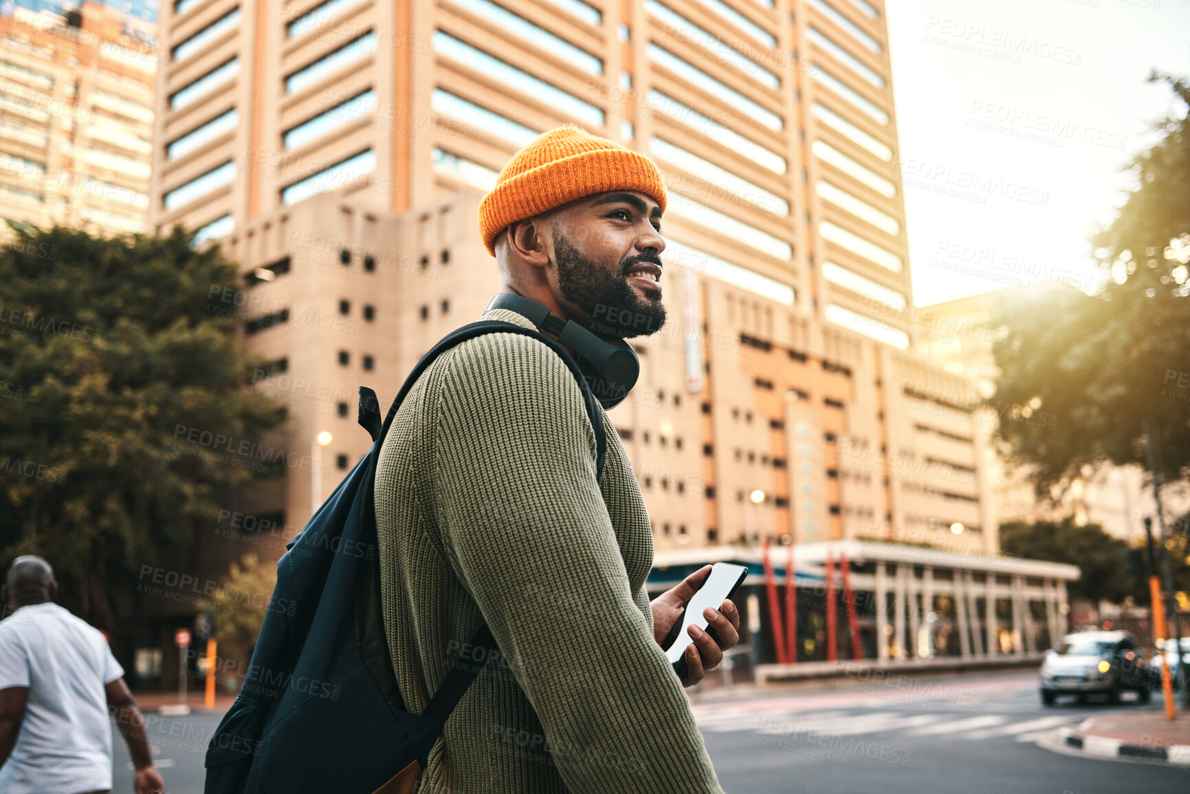 Buy stock photo City, thinking and black man with a cellphone, smile and connection with social media, travel and website info. African person, mobile user or guy with smartphone, digital app or outdoor with contact