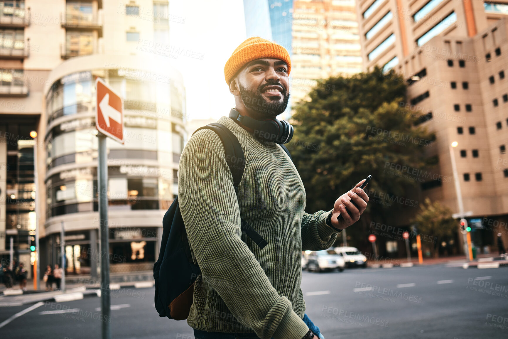 Buy stock photo City, thinking and black man with a smartphone, smile and connection with social media, travel and internet. African person, mobile user and guy with cellphone, digital app and outdoor with ideas