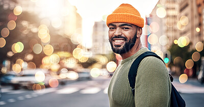 Buy stock photo Happy, man and portrait in city with student to travel, commute or walking to university in urban, cbd or town campus. Outdoor, bokeh and confident person in college relax in street with smile 