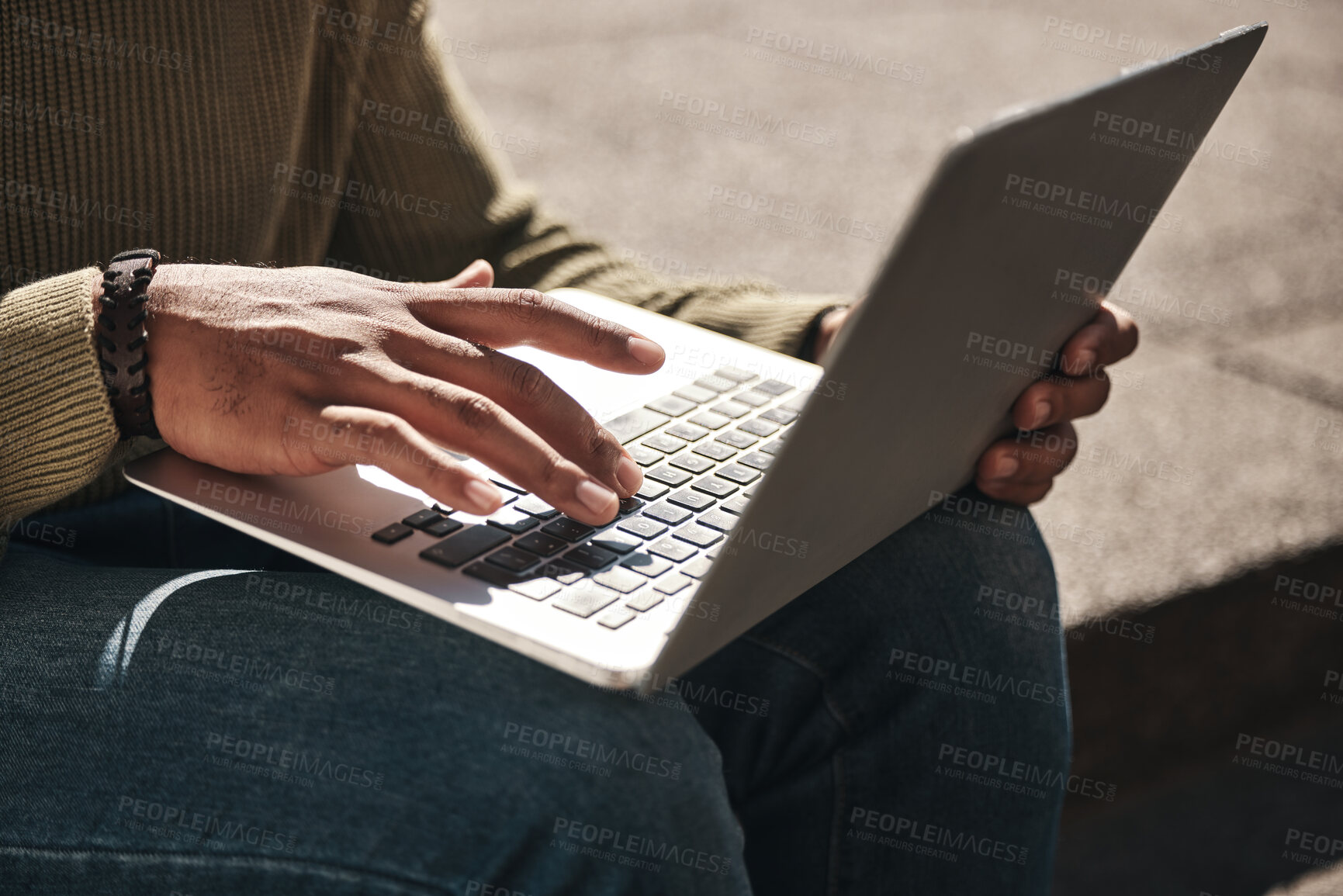 Buy stock photo Laptop, hands and closeup of man typing in the city working on a freelance creative project. Technology, email and male freelancer doing research for planning on a computer by stairs in an urban town