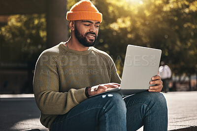 Buy stock photo Business man, laptop and park for outdoor research, job search and freelance planning on social media. African person with remote work, startup career and computer for website marketing and email