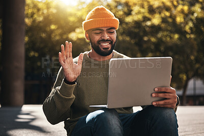 Buy stock photo Student, laptop and video call outdoor for university, college and online education, e learning or scholarship interview on campus. African man with computer, waves hello and virtual class in a park