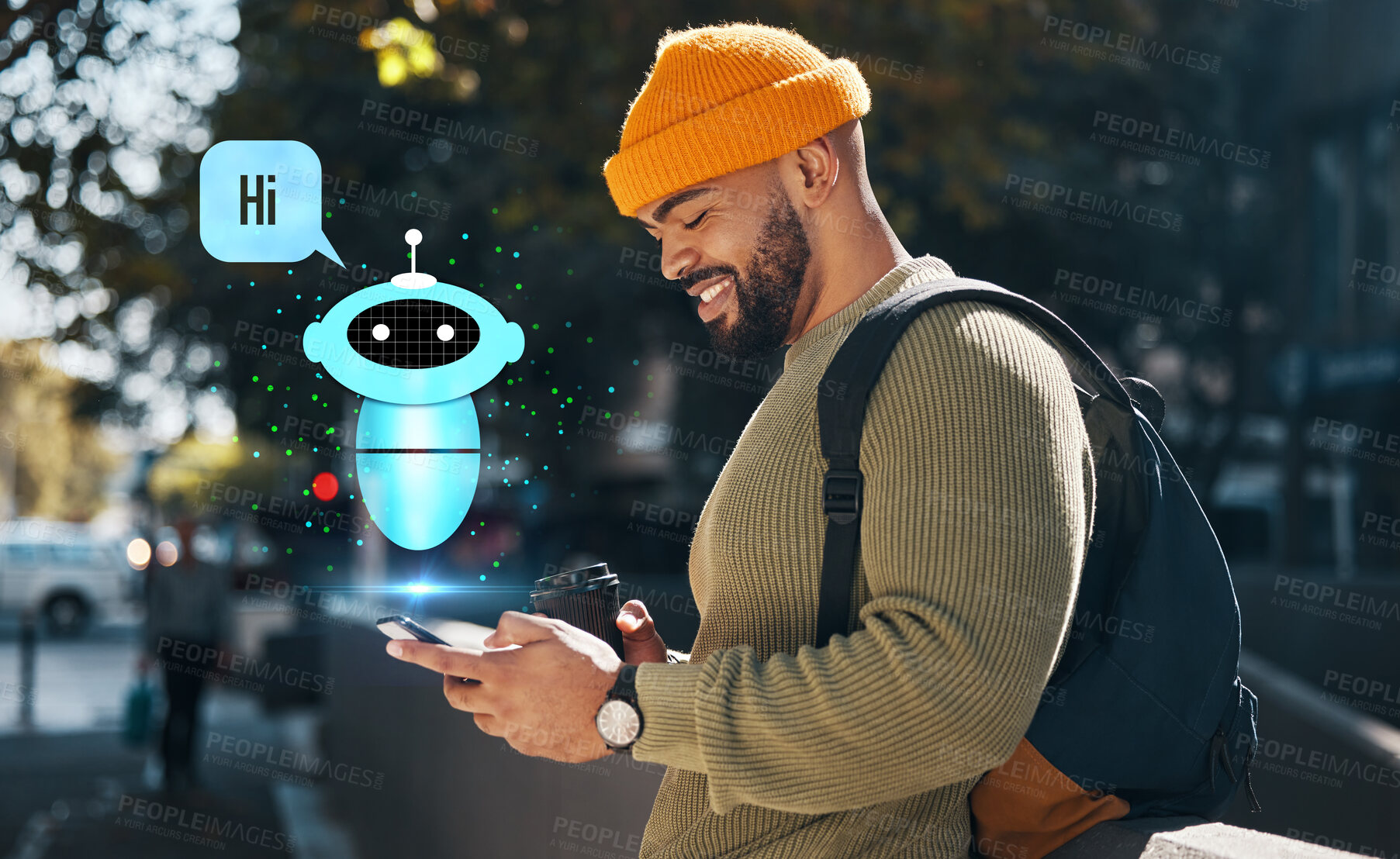 Buy stock photo Happy man, phone and city with hologram for chat bot, automatic response or communication in town. Male person or student smile with mobile smartphone or AI app for networking or online assistance