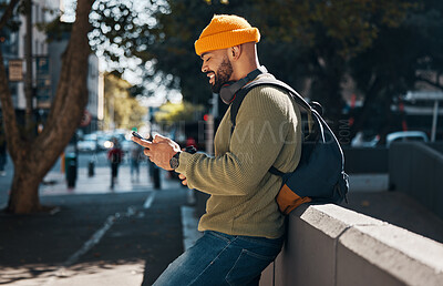 Buy stock photo City, typing and black man with a smartphone, smile and connection with social media, digital app and internet. African person, mobile user and guy with cellphone, website info and outdoor with ideas