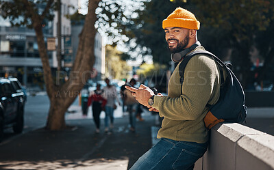 Buy stock photo Student, portrait and phone in city for college, education or e learning chat, communication and social media on campus. African person typing on mobile for scholarship application or contact outdoor