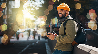 Buy stock photo Portrait, phone and double exposure with a man on a street in the city for travel or tourism on space. Communication, backpack and a happy young traveler on an urban road to search for a location