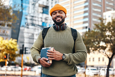 Buy stock photo Portrait of man in city, university books and smile on morning commute to campus for education with backpack. Learning, studying and happy face of college student, urban street and school knowledge.