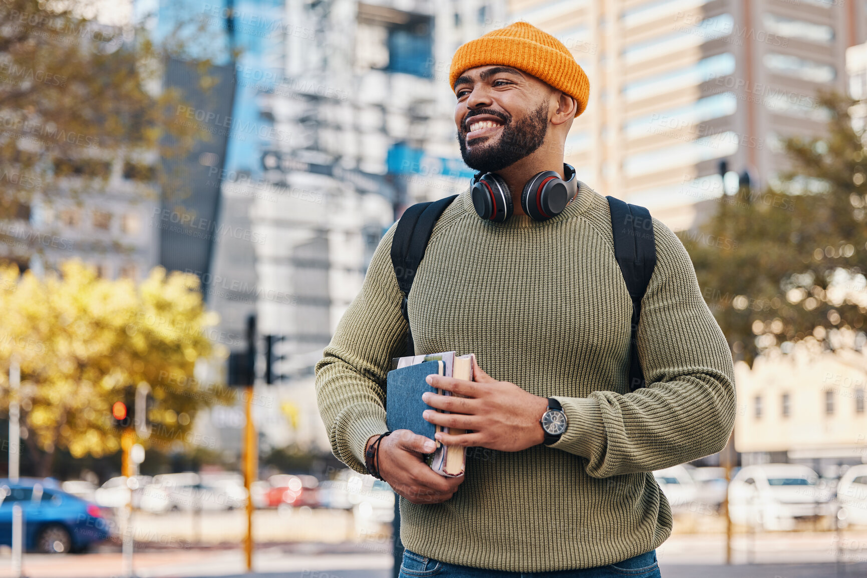 Buy stock photo Student, thinking and backpack in city for education, learning or university and college travel outdoor. Young, african man with books, bag and walking to campus with study or scholarship opportunity