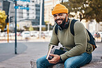 Portrait of happy man in city, university books and smile on morning relax at campus for education with backpack. Learning, studying and college student sitting on urban sidewalk with confidence.