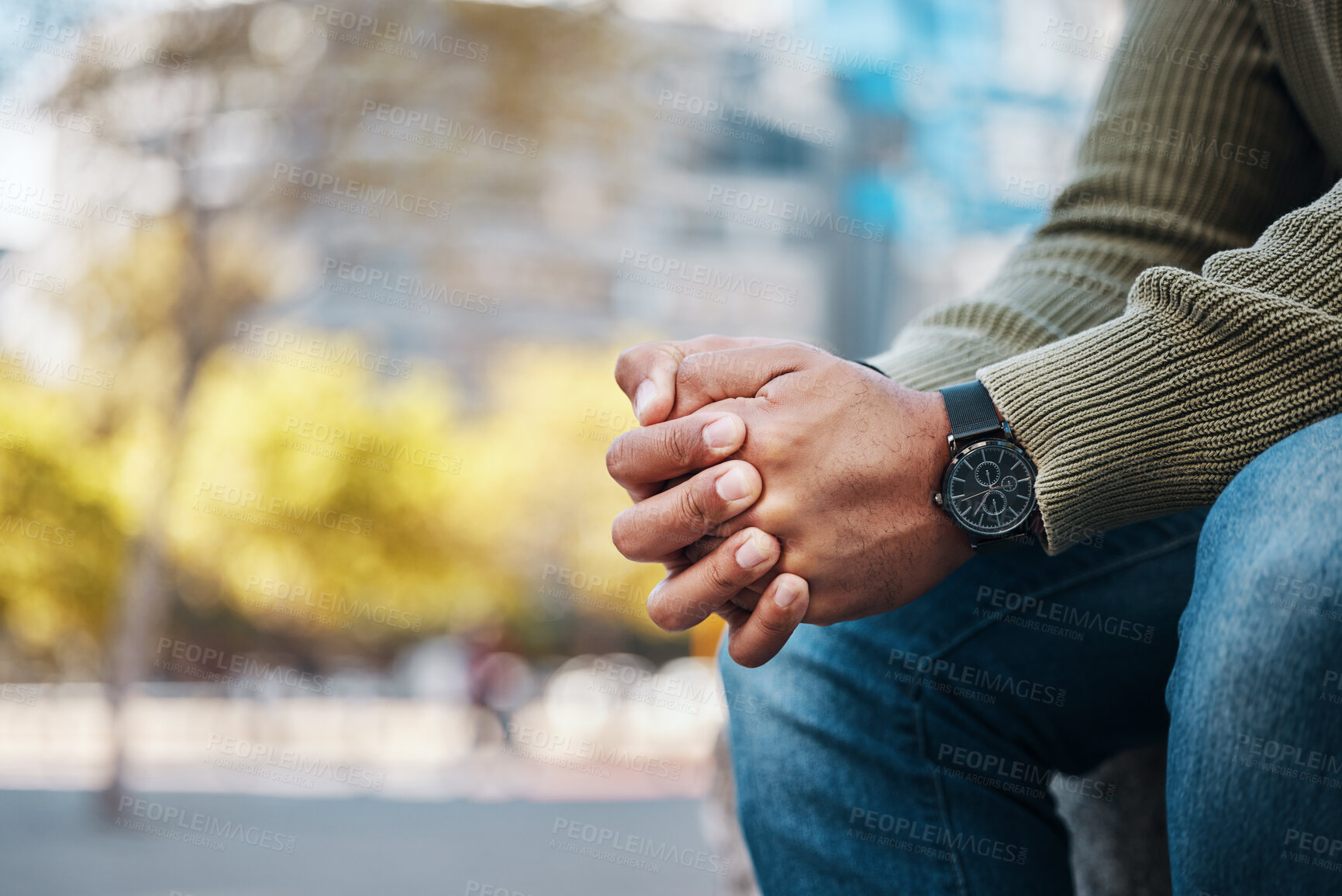 Buy stock photo Hands, stress and a person waiting in the city on space during travel delay as a tourist closeup. Anxiety, depression or worry and a person alone in an urban town for foreign tourism in summer