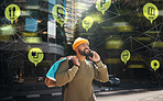 Man, phone call and shopping bag in city hologram for e commerce, travel connection or integration app. African student talk on mobile of customer service, location icon and plexus or outdoor overlay