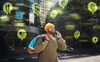 Buy stock photo Man, phone call and shopping bag in city hologram for e commerce, travel connection or integration app. African student talk on mobile of customer service, location icon and plexus or outdoor overlay