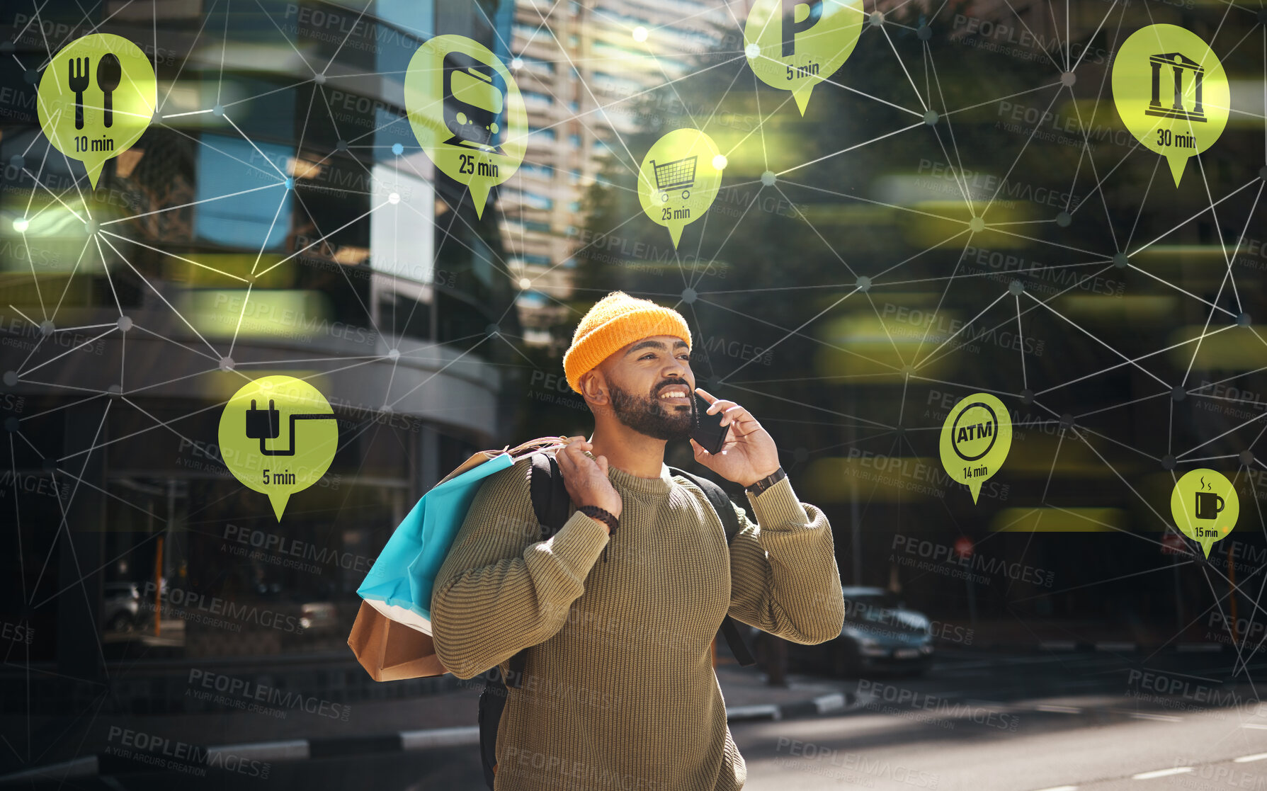 Buy stock photo Man, phone call and shopping bag in city hologram for e commerce, travel connection or integration app. African student talk on mobile of customer service, location icon and plexus or outdoor overlay