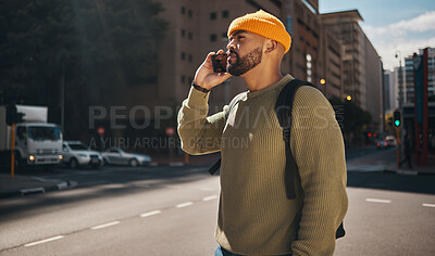 Buy stock photo Student, phone call and walking in city street for college communication, scholarship opportunity and feedback. Man thinking and talking on mobile for college information, contact and travel outdoor