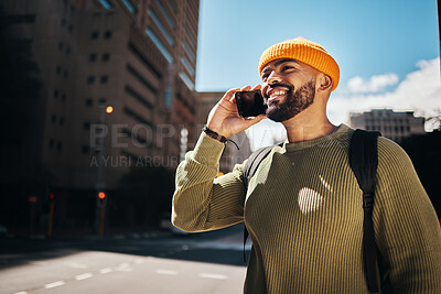 Buy stock photo Happy man, phone call and walking outdoor for college communication, scholarship opportunity and good news. African student, smile and thinking with mobile conversation and contact in city or travel