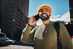 Man thinking, phone call and walking outdoor for college communication, scholarship opportunity and future plan. African student, smile with ideas for mobile conversation or contact in city or travel