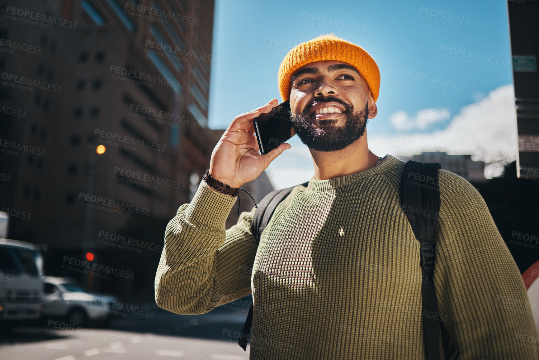 Buy stock photo Man thinking, phone call and walking outdoor for college communication, scholarship opportunity and future plan. African student, smile with ideas for mobile conversation or contact in city or travel