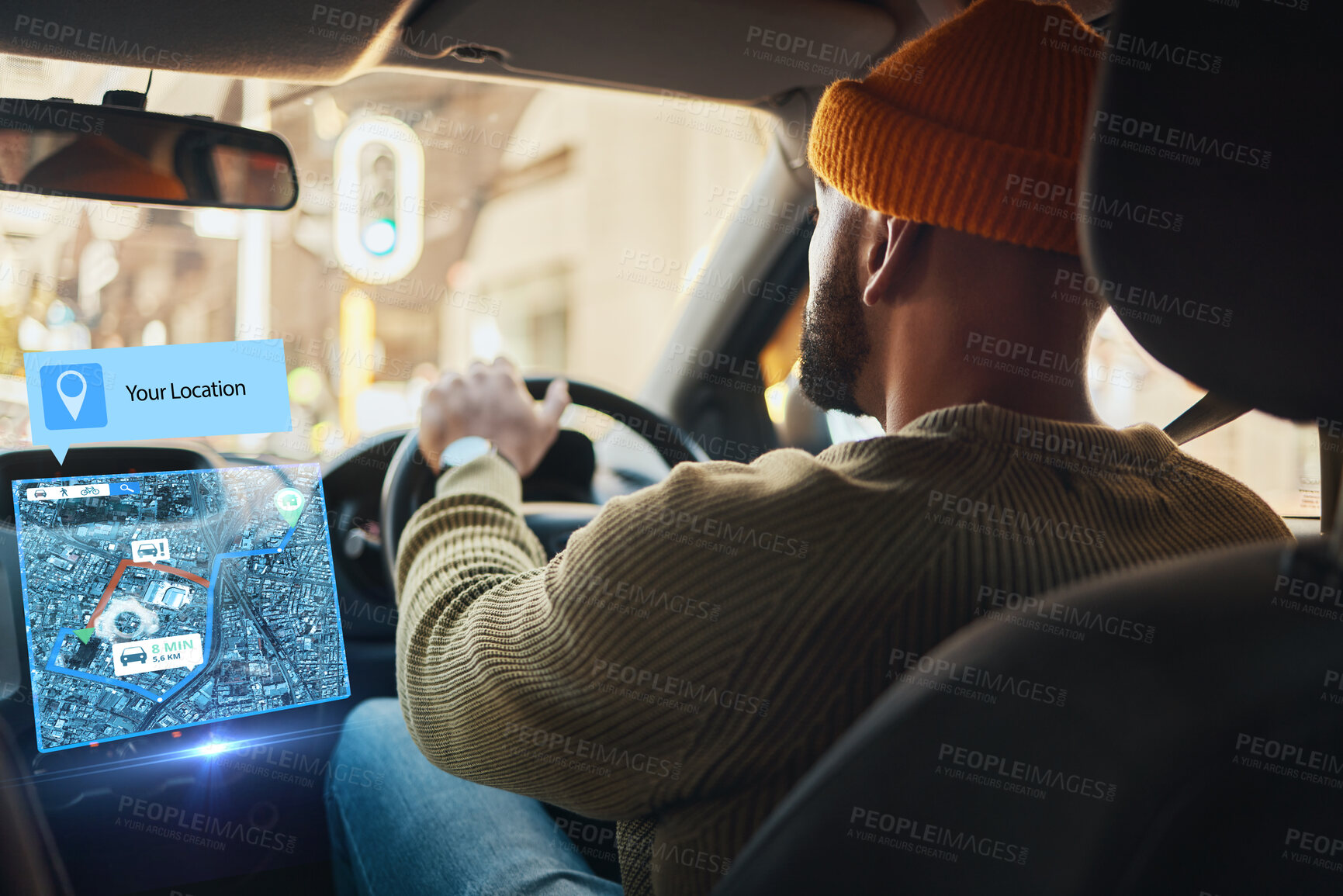 Buy stock photo Man, driving and hologram map in car with direction, guide or navigation to location in city with futuristic auto tech. 3d, chart or planning transport or journey with future vehicle technology