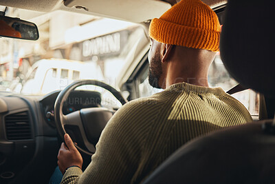 Buy stock photo Driving, travel and a man in a car on the street in the city for traveling, driver and a commute. Back, seat and a person in transportation or a vehicle for transport on the road for a journey