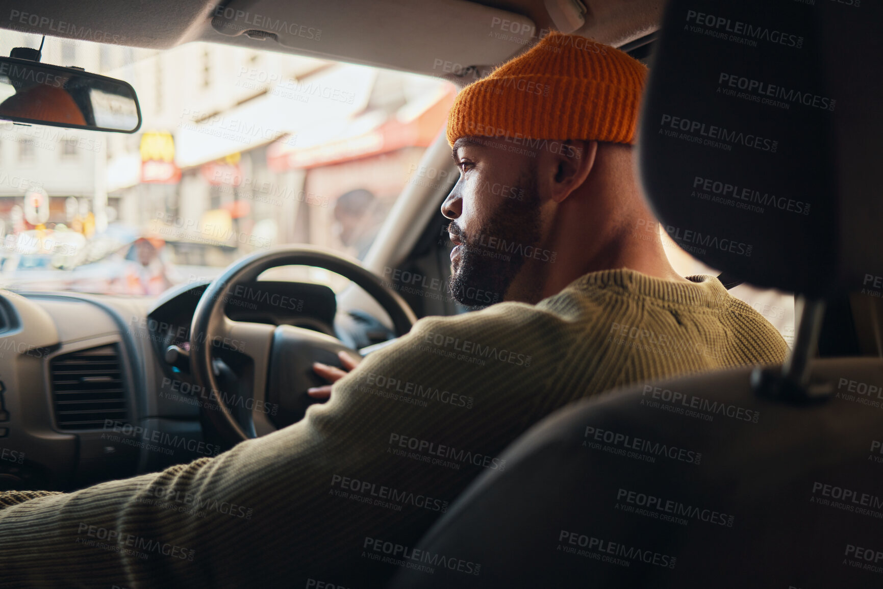 Buy stock photo Driving, travel and man in a car for transportation, location search and in traffic in the morning. Thinking, driver and a person on a journey in transport for a commute or parking in the street