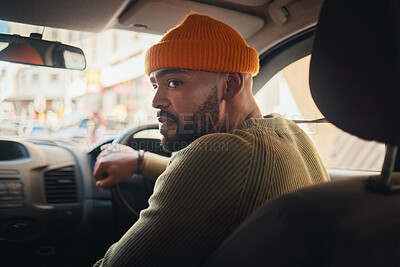 Buy stock photo Driving, taxi and man in a car for transportation, location search and in traffic in the morning. Thinking, driver and a person on a journey in transport for travel, commute or parking in the street