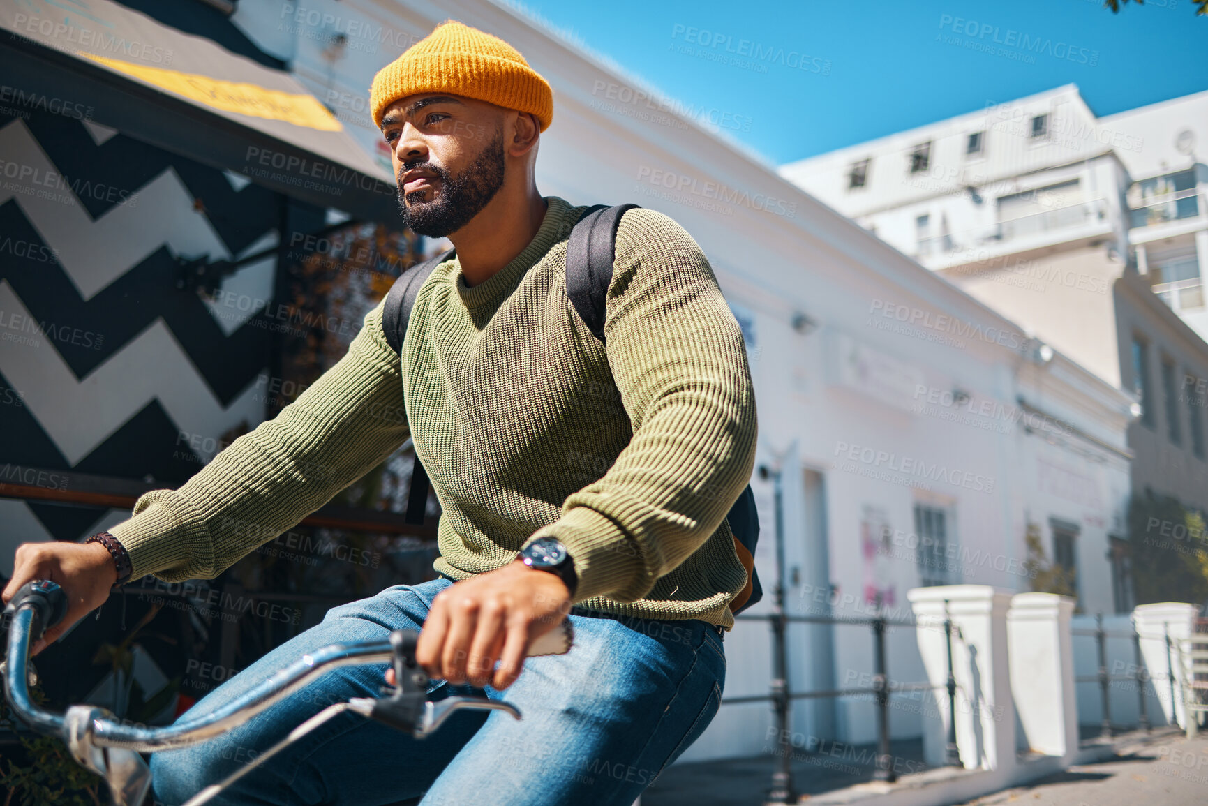 Buy stock photo Bicycle, travel and man in city for transport, adventure and journey for weekend, holiday or vacation. Fashion, style and person on bike for eco friendly commute, carbon footprint and cycling in road