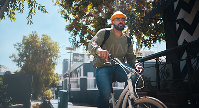 Buy stock photo Bicycle, travel and man in city for journey, adventure and commute for weekend, holiday or vacation. Fashion, style and person on bike for eco friendly transport, carbon footprint and cycling in road