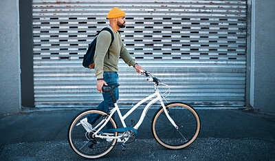 Buy stock photo City, walking and man with bicycle for eco friendly transport to university in morning street. Urban sidewalk, carbon neutral commute and college student with bike, backpack and sustainable travel.