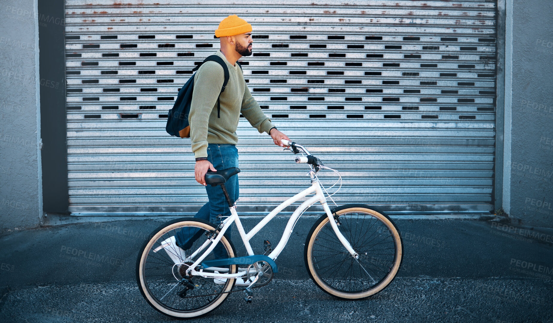 Buy stock photo City, walking and man with bicycle for eco friendly transport to university in morning street. Urban sidewalk, carbon neutral commute and college student with bike, backpack and sustainable travel.