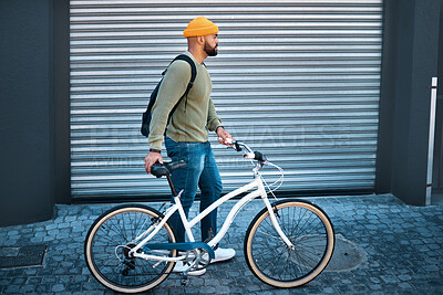 Buy stock photo City, walking and man with bike for eco friendly transport to university in morning street. Urban sidewalk, carbon neutral commute and college student with bicycle, backpack and sustainable travel.