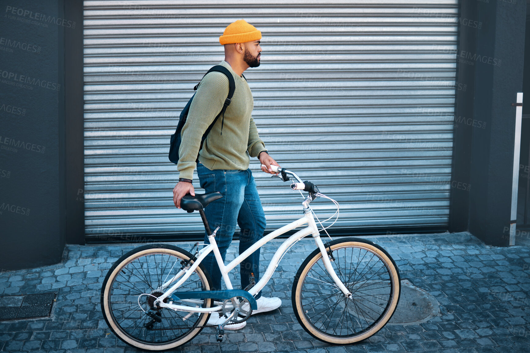 Buy stock photo City, walking and man with bike for eco friendly transport to university in morning street. Urban sidewalk, carbon neutral commute and college student with bicycle, backpack and sustainable travel.