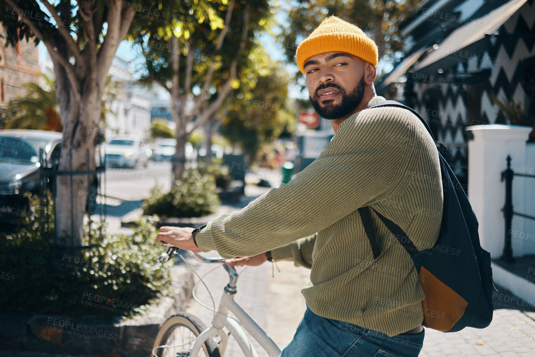 Buy stock photo Bicycle, fashion and man in city for travel, adventure and journey for weekend, holiday or vacation. Exercise, style and person on bike for eco friendly transport, sustainability and cycling in road