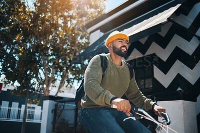 Buy stock photo Bicycle, happy and man in city for travel, adventure and journey for weekend, holiday or vacation. Fashion, commute and person on bike for eco friendly transport, carbon footprint and cycling in road