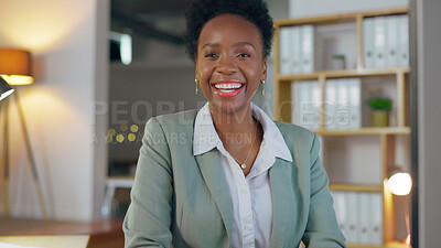 Buy stock photo Portrait, office and black woman with a smile, business and insurance agent with a career, startup and entrepreneur. Face, African person or employee in a workplace, mission and ambition with success