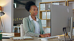 Business, computer and black woman planning, typing and brainstorming with ideas, consultant or project development. African person, employee or agent with a notebook, pc or startup with website info