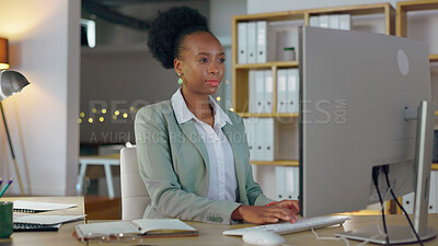 Buy stock photo Business, computer and black woman planning, typing and brainstorming with ideas, consultant or project development. African person, employee or agent with a notebook, pc or startup with website info