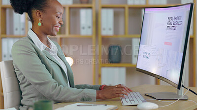 Buy stock photo Woman, computer and typing business strategy in office, planning and thinking with smile for solution. African entrepreneur, check and ideas for corporate vision, problem solving or innovation on pc