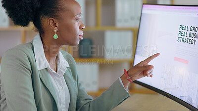 Buy stock photo Woman, reading and point at computer screen in office for business strategy, planning and thinking. African entrepreneur, check and ideas for corporate solution, problem solving or innovation on pc