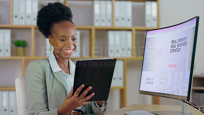 Buy stock photo Black woman, research and tablet with strategy for business, growth or planning development in project. Reading, report and entrepreneur with startup review, analysis and excited for profit or goals