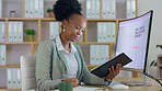 Business, planning and black woman with a tablet, computer and notebook with a project, brainstorming and development. African person, worker and employee with a pc, technology and internet with app