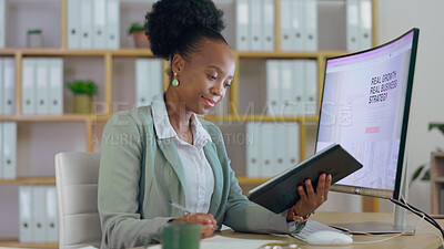 Buy stock photo Business, planning and black woman with a tablet, computer and notebook with a project, brainstorming and development. African person, worker and employee with a pc, technology and internet with app