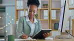 Business woman, computer and writing with tablet in office, planning and thinking with smile for strategy. African entrepreneur, night and ideas for corporate vision, notes or notebook for management