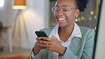 Business woman, laugh and typing on cellphone for mobile chat, social networking and digital contact at night. Happy african worker scroll on smartphone, reading funny news and search media in office