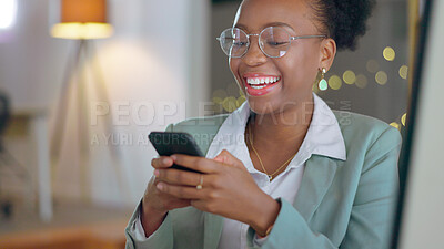 Buy stock photo Business woman, laugh and typing on cellphone for mobile chat, social networking and digital contact at night. Happy african worker scroll on smartphone, reading funny news and search media in office