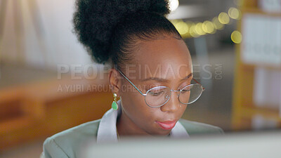 Buy stock photo Business, thinking and black woman with glasses, ideas and professional with network, planning and brainstorming. African person, employee and consultant with eyewear, solution and problem solving 
