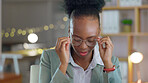 Glasses, headache and black woman in office with burnout, problem and overworked with health issue. African person, employee and consultant with computer, migraine and fatigue with anxiety and tired
