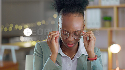 Buy stock photo Glasses, headache and black woman in office with burnout, problem and overworked with health issue. African person, employee and consultant with computer, migraine and fatigue with anxiety and tired