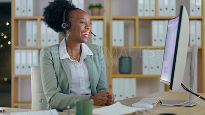 Buy stock photo Smile, telemarketing and a black woman at a call center for customer service and consulting. Happy, contact us and an African employee speaking online for support, conversation or advice on a pc